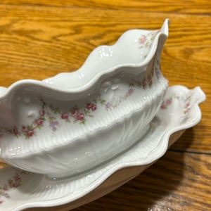 Carl Tielsch (C.T.) Germany vintage porcelain gravy boat with attached plate.